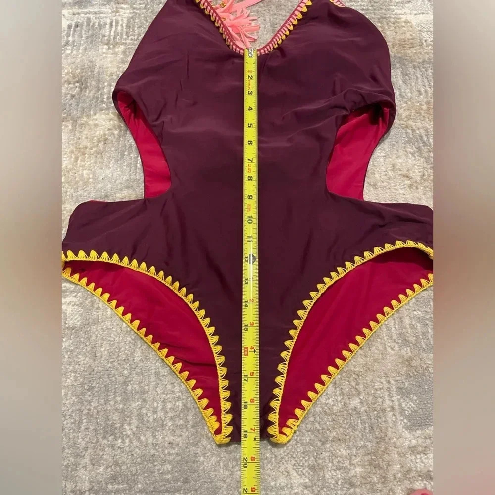 Jessica Simpson Reversible Embroidered Edge Monokini Purple/Deep Red - Picture 14 of 16
